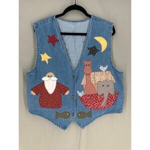 Vintage Denim Vest Womens Large Blue Handmade Noahs Ark Patchwork Christian